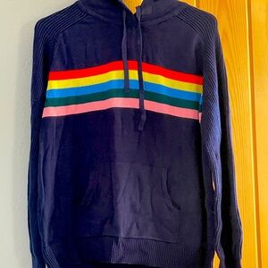 NWT Women's Lightweight Navy Hoodie Sweater with Multicolor Stripes
